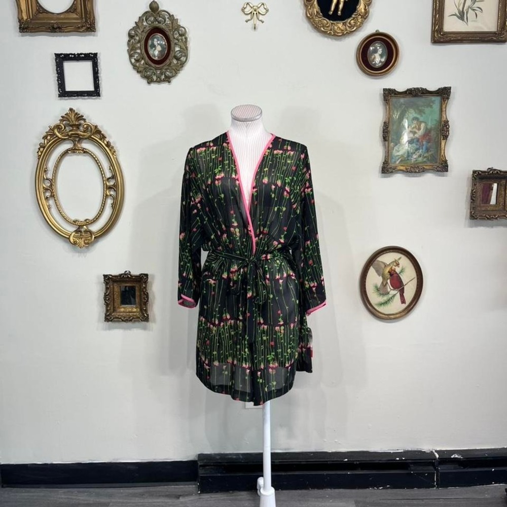 Josie Floral Mesh Cardigan Robe – Sheer Black Pink Trim Loungewear Cover-Up